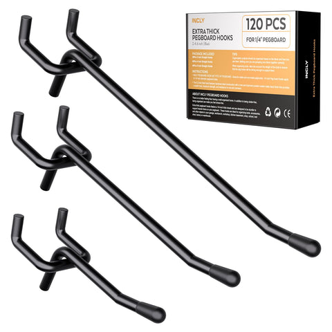INCLY pegboard hooks 2-inch closeup on sturdy matte black finish, ideal for tool organization.