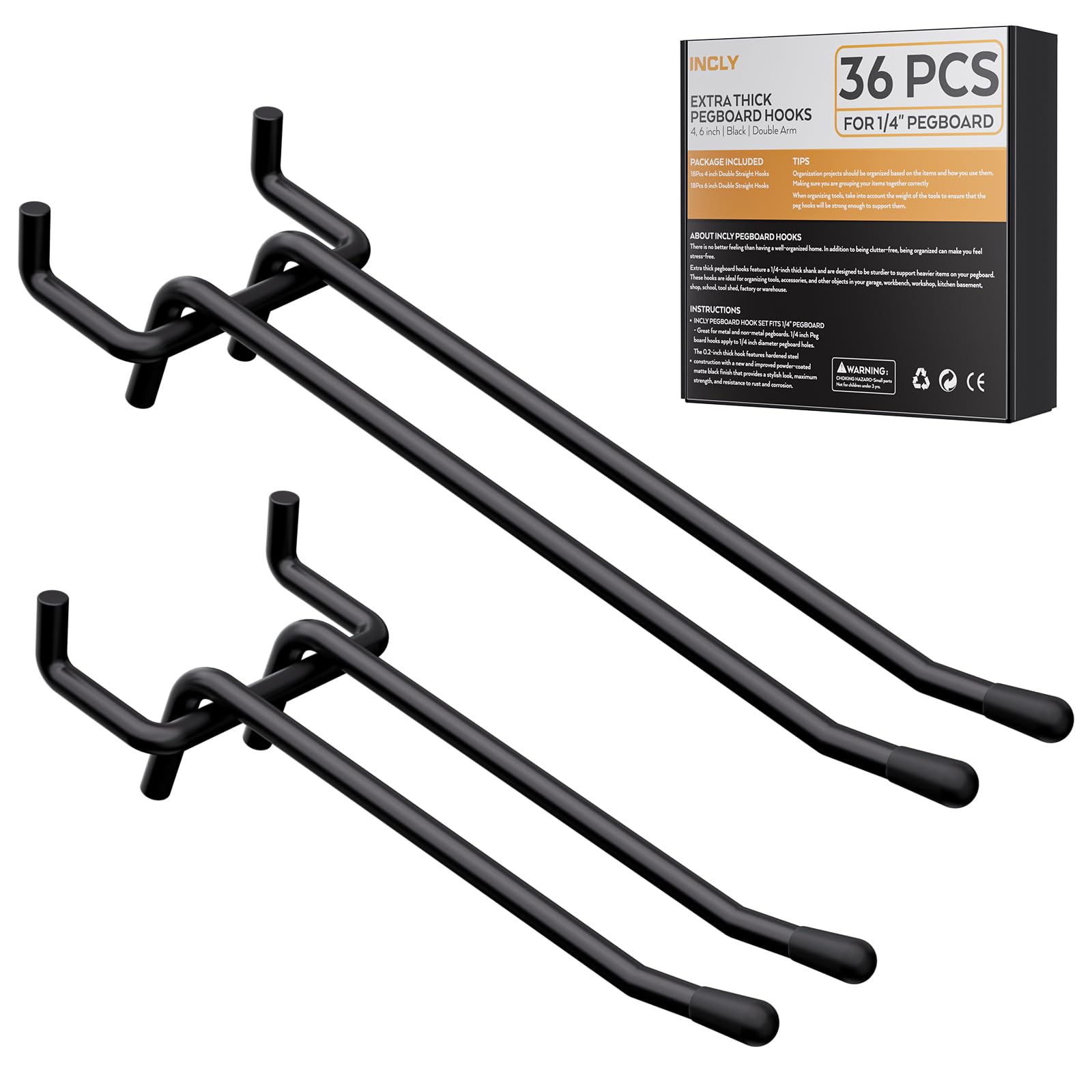 INCLY 4-inch pegboard hooks in matte black for steady tool hanging