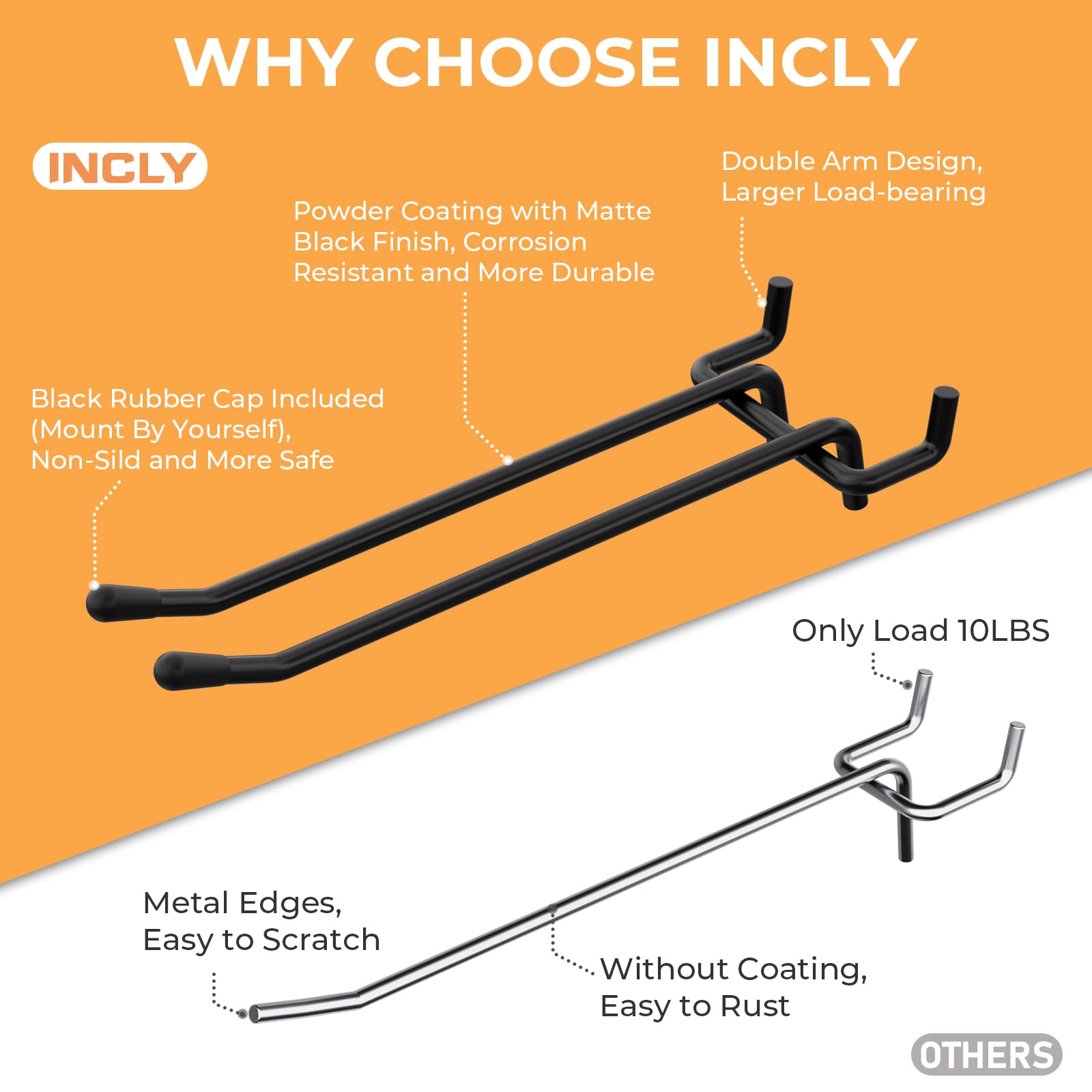 INCLY 6-inch double-arm pegboard hooks provide extra stability for heavy items