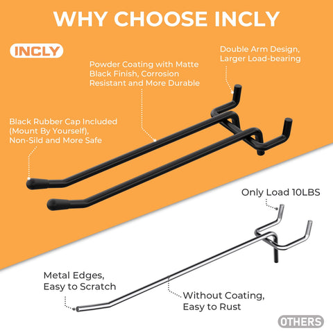 INCLY 6-inch double-arm pegboard hooks provide extra stability for heavy items