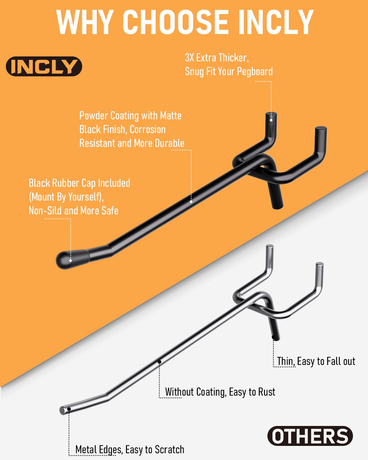 INCLY pegboard hooks 6-inch secure bulky tools for easy access.