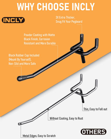 INCLY pegboard hooks 6-inch secure bulky tools for easy access.