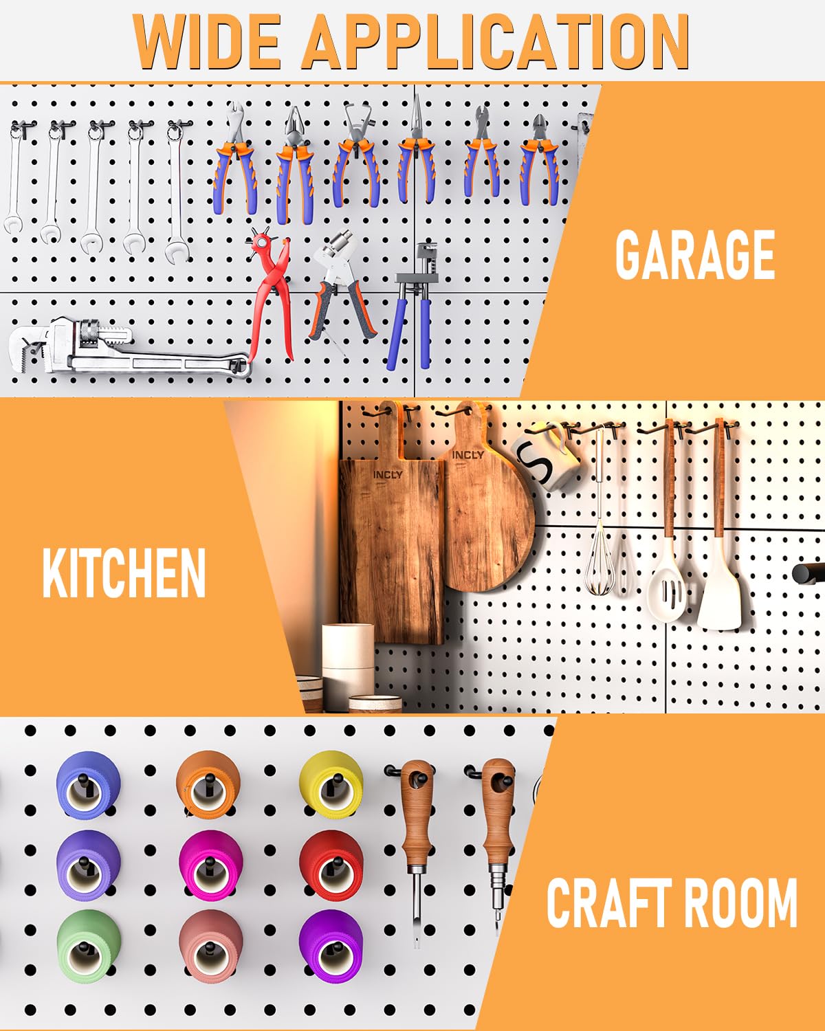 INCLY versatile pegboard hooks used in kitchen and craft room.