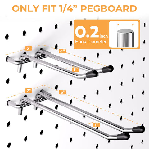 Hooks fit standard 1/4 inch pegboards for secure mounting.