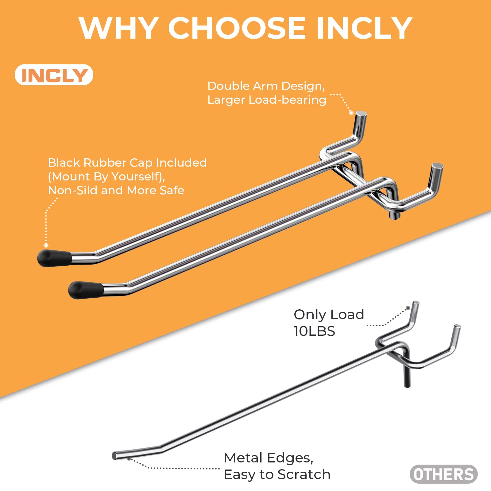 Rubber-tipped INCLY pegboard hooks protect surfaces from scratches.
