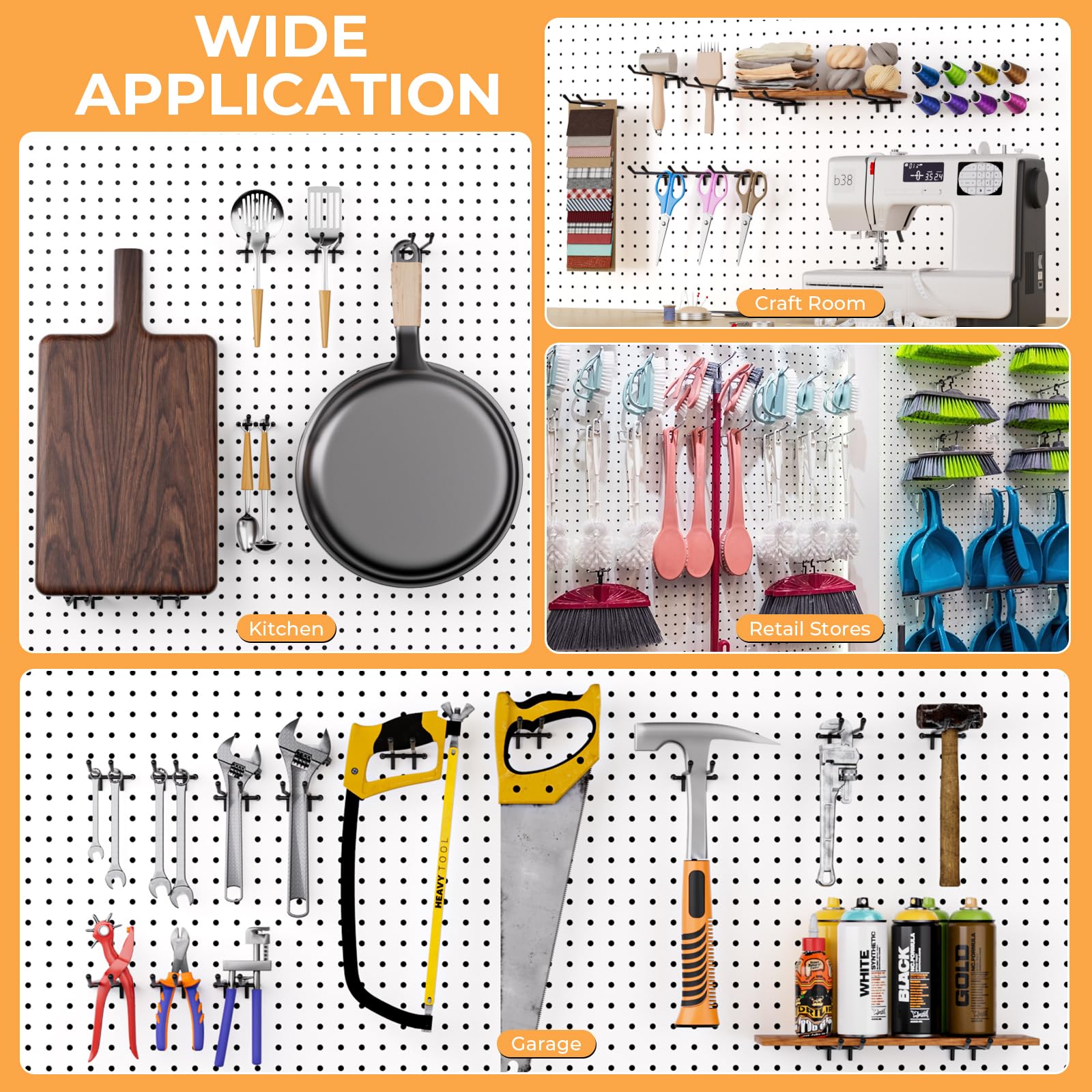 Versatile INCLY pegboard hooks fit garage, kitchen, workshop spaces
