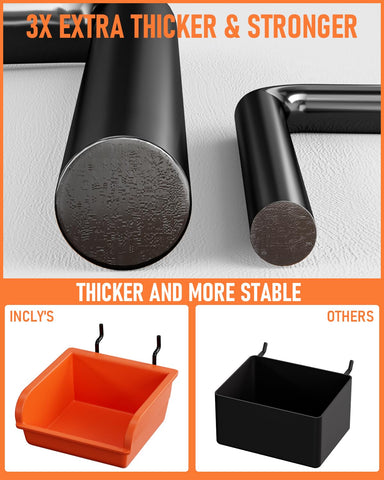 INCLY orange pegboard bins closeup, sturdy and stable for tool organization