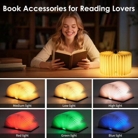 Incolumitas Book Lamp perched on a shelf highlights titles with a warm glow.
