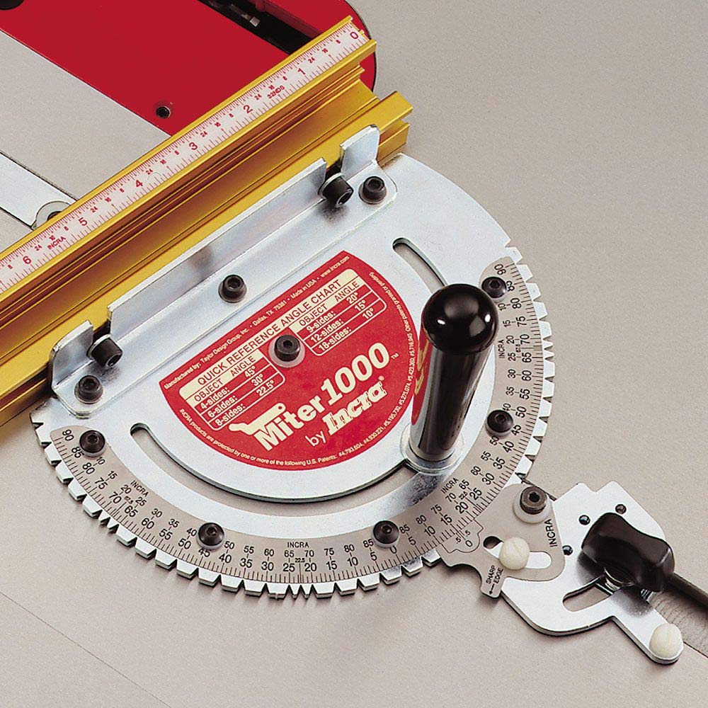 INCRA Miter 1000 sliding stop positioner ensures repeatable stops.