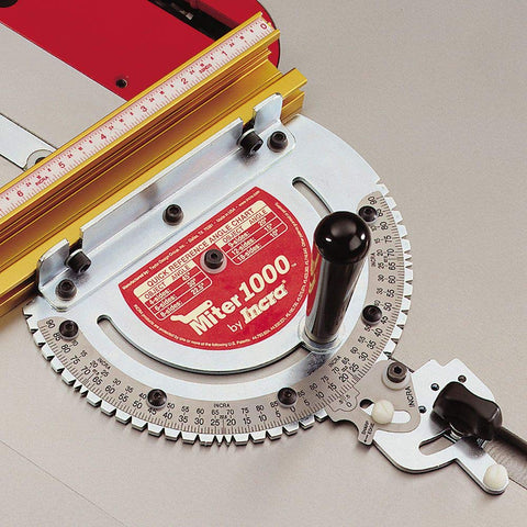 INCRA Miter 1000 sliding stop positioner ensures repeatable stops.