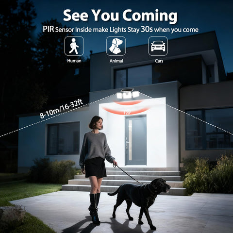 INCX LED flood light with motion detection highlights garage and entryways.