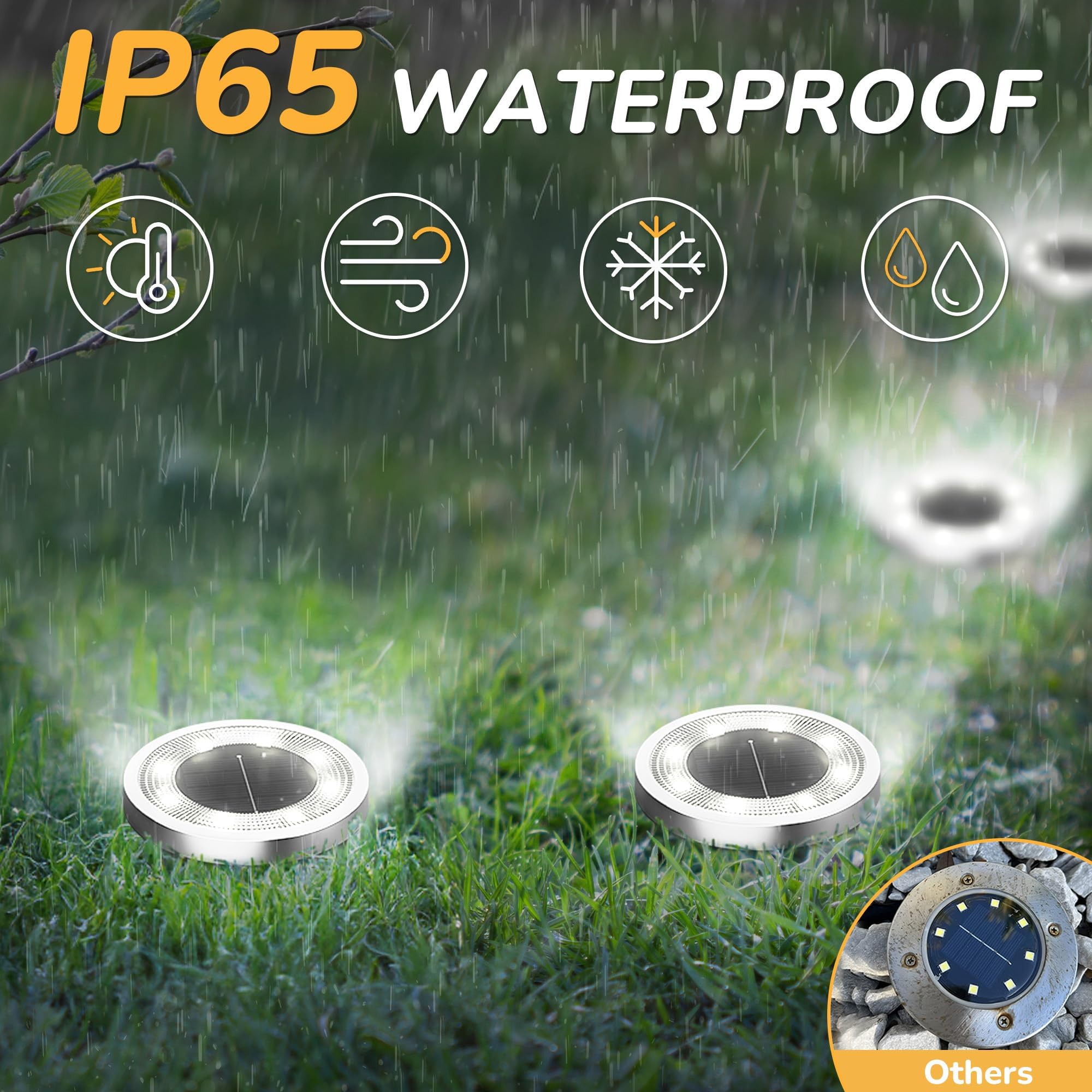 INCX solar ground lights 16-pack are waterproof and durable for rain and heat.