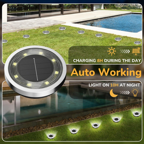 INCX solar ground lights along a driveway provide clear nighttime visibility.