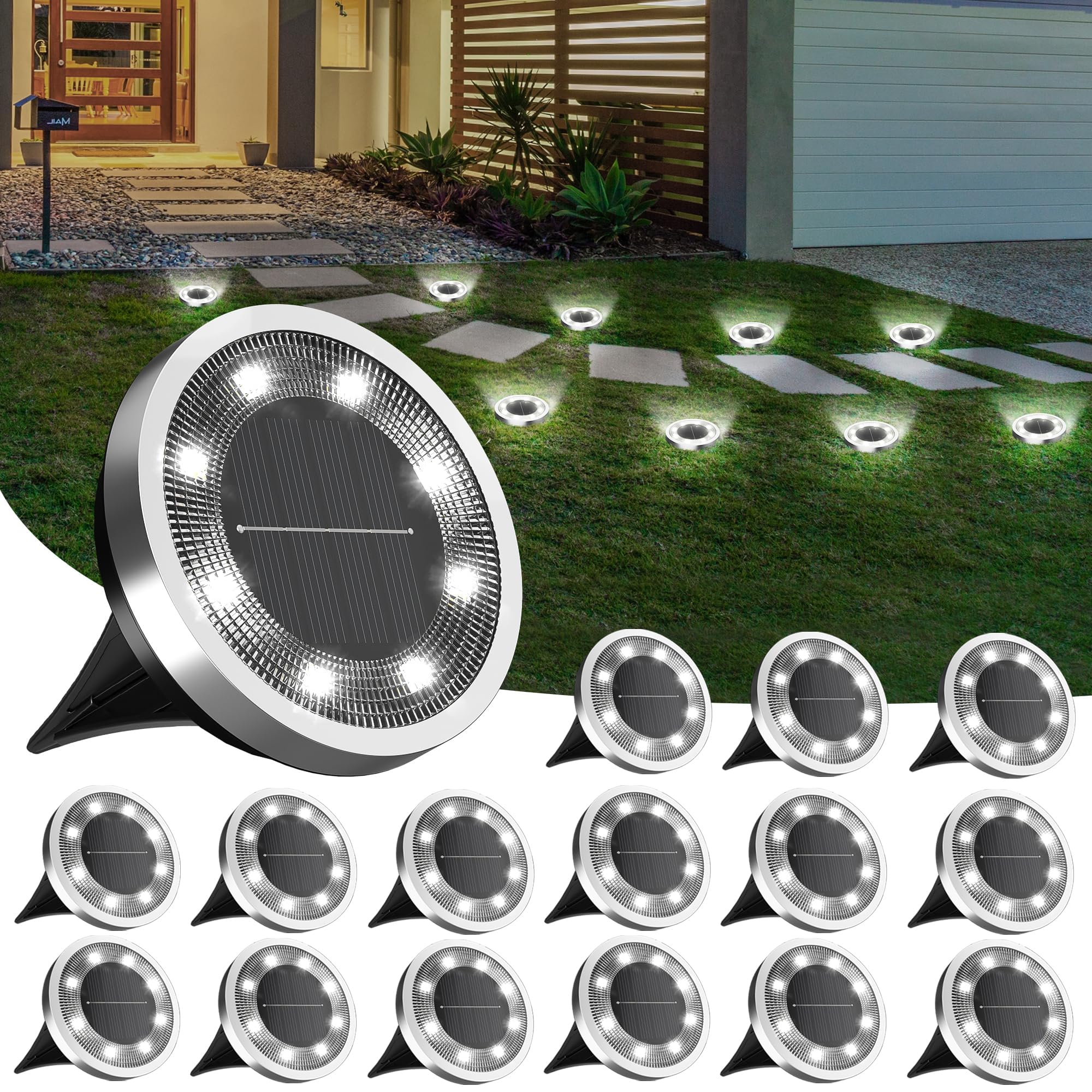 INCX solar ground lights 16-pack wide view lighting garden paths safely at night.