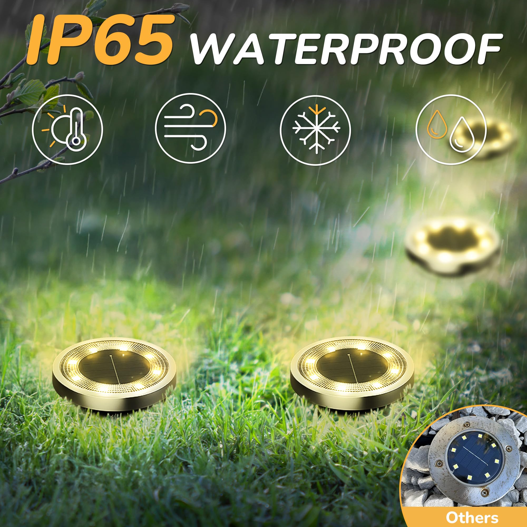INCX 16-LED ground lights provide warm white illumination for patios.
