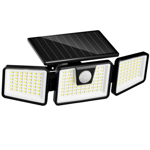 INCX solar motion light with 3 heads brightens outdoor patios and entryways.