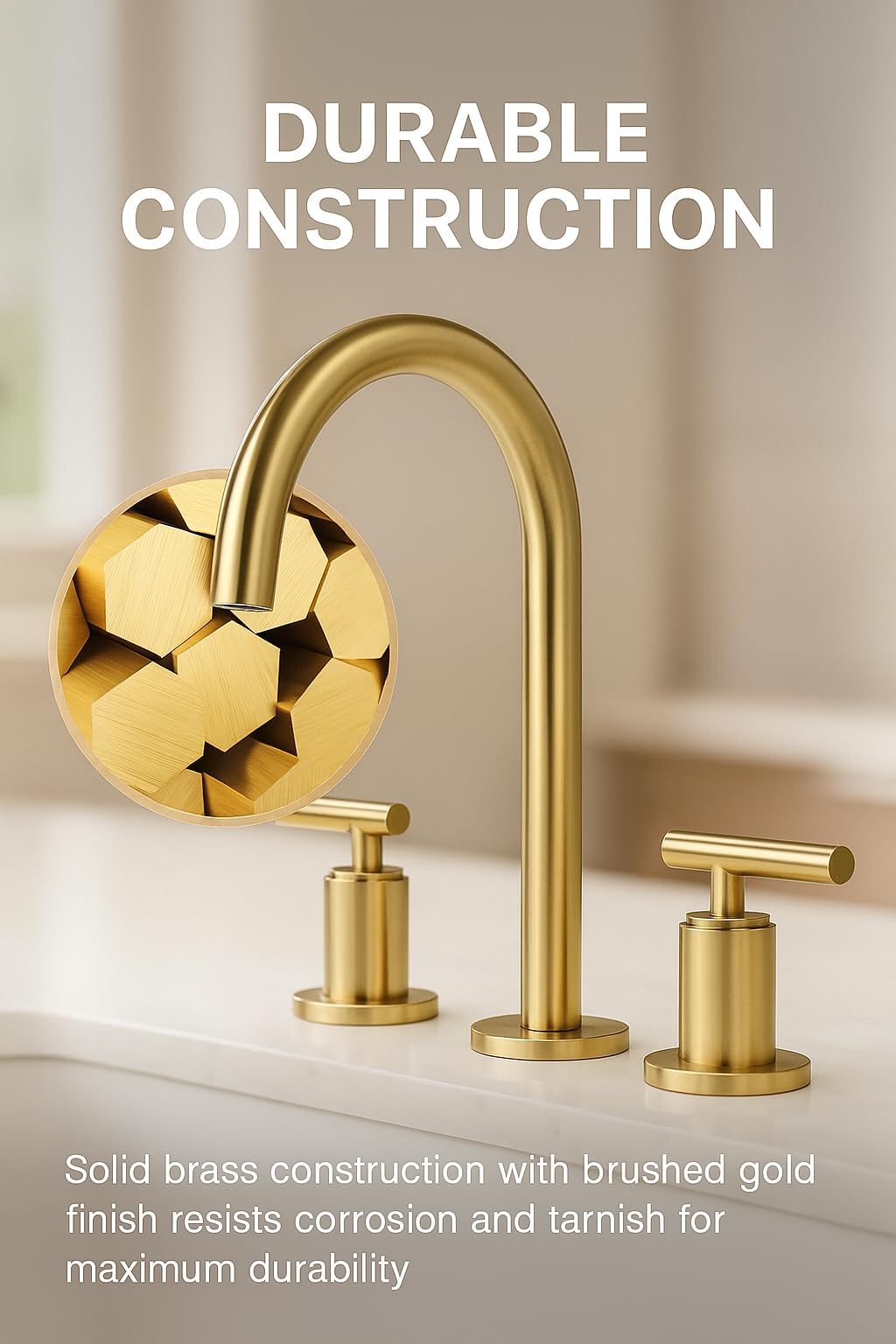 Indare brushed gold faucet with pop-up drain included for easy setup.