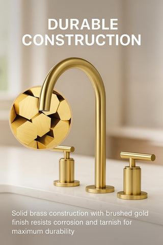 Indare brushed gold faucet with pop-up drain included for easy setup.