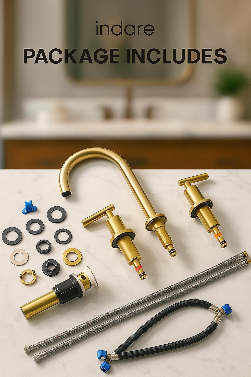 Indare brushed gold faucet with two handles for precise water control.