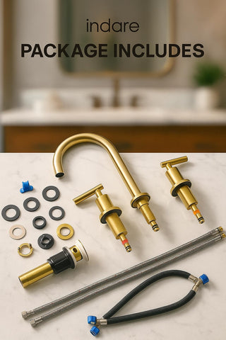 Indare brushed gold faucet with two handles for precise water control.
