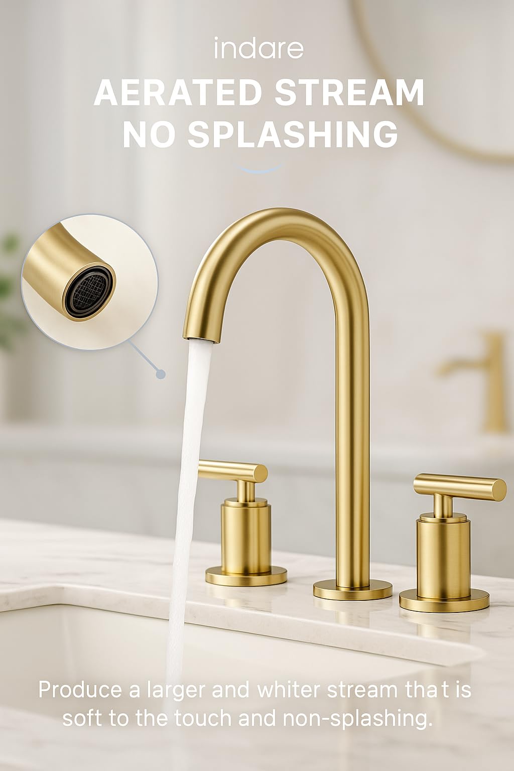 Indare brushed gold widespread faucet for 4/8 inch centers, easy installation.