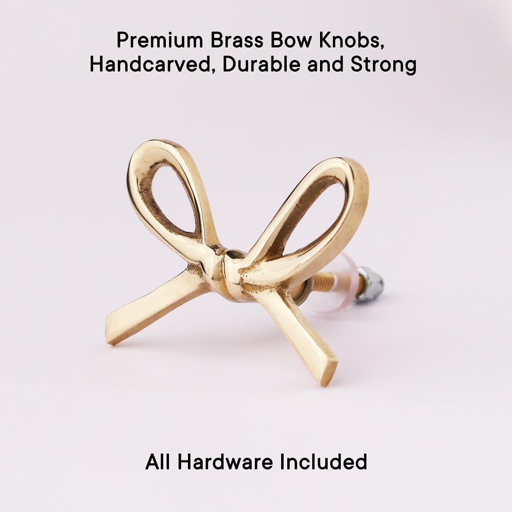 Indian Shelf brass gold bow knob kit displays six-piece set for easy replacement