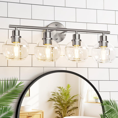 Indoi 4-light brushed nickel fixture with clear glass globes for modern style.