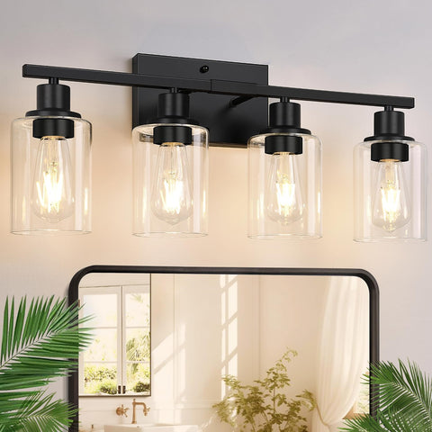 Indoi four-light bathroom fixture with matte black finish and clear glass shades boosts mirror lighting.