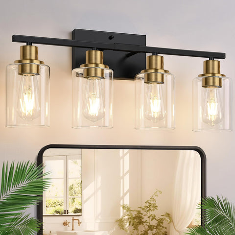 Indoi 4-light vanity with black-gold finish and clear glass shades for reflective bathroom lighting.
