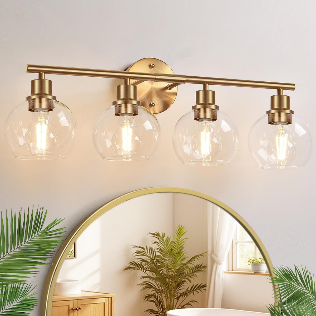 Indoi 4-light bathroom fixture in gold adds ambient glow over the mirror