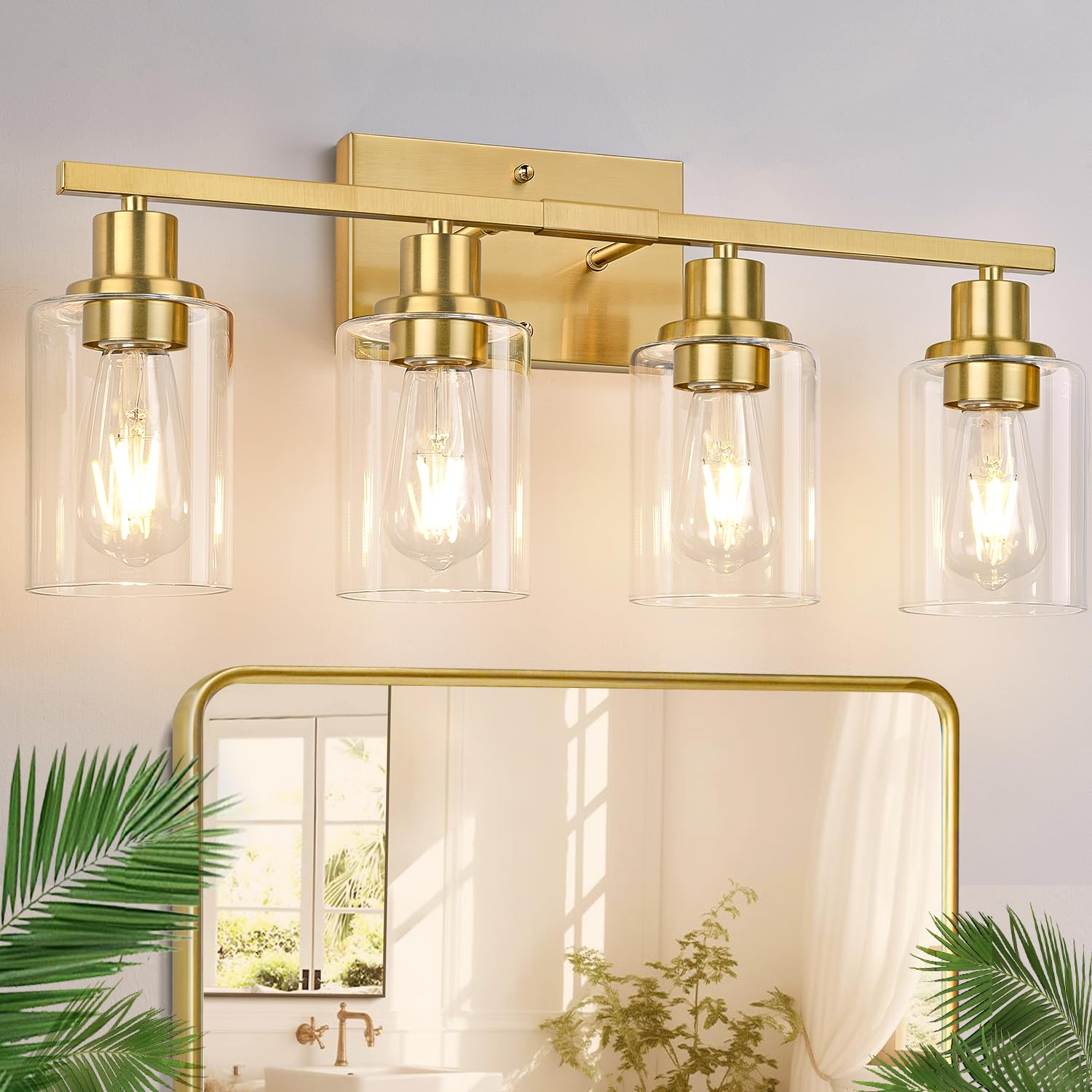 Indoi 4-light vanity with clear glass shades for bright bathroom mirror lighting