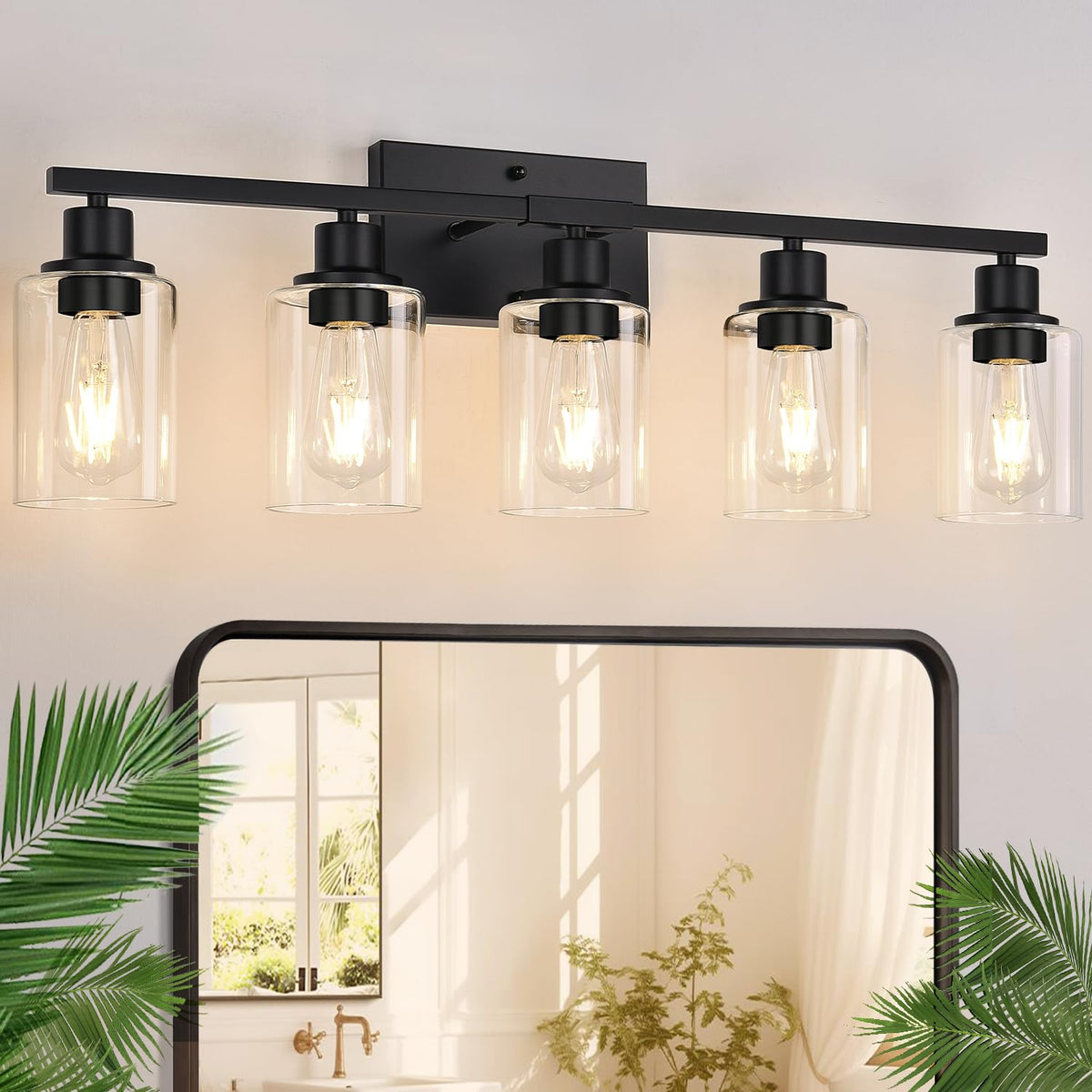 Indoi 5-light vanity light with matte black finish and clear shades