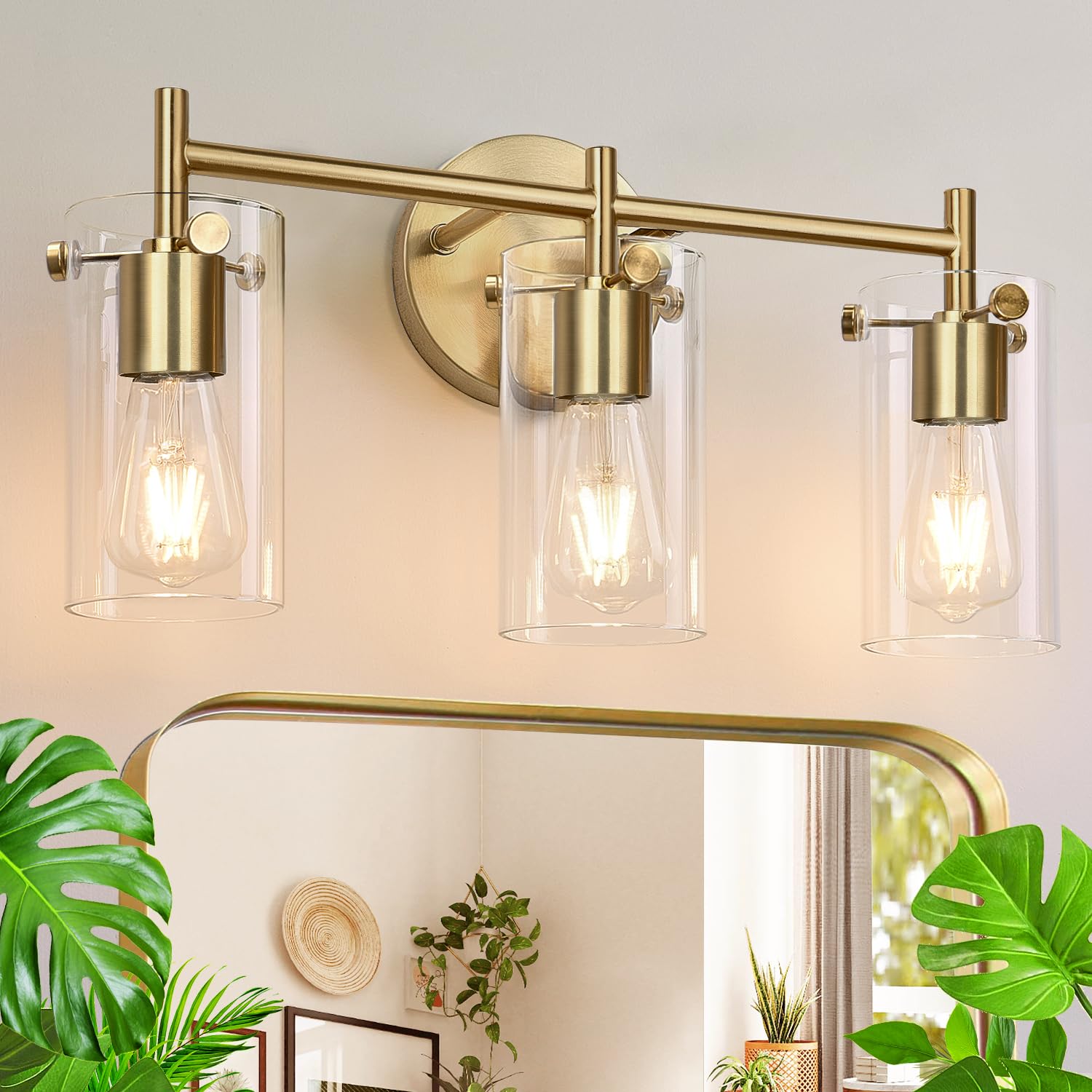 Indoi 3-light brushed gold vanity fixture with a modern design for bathroom mirrors