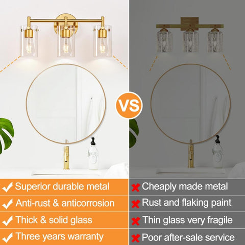 Indoi brushed gold vanity light with clear glass shades for bright illumination