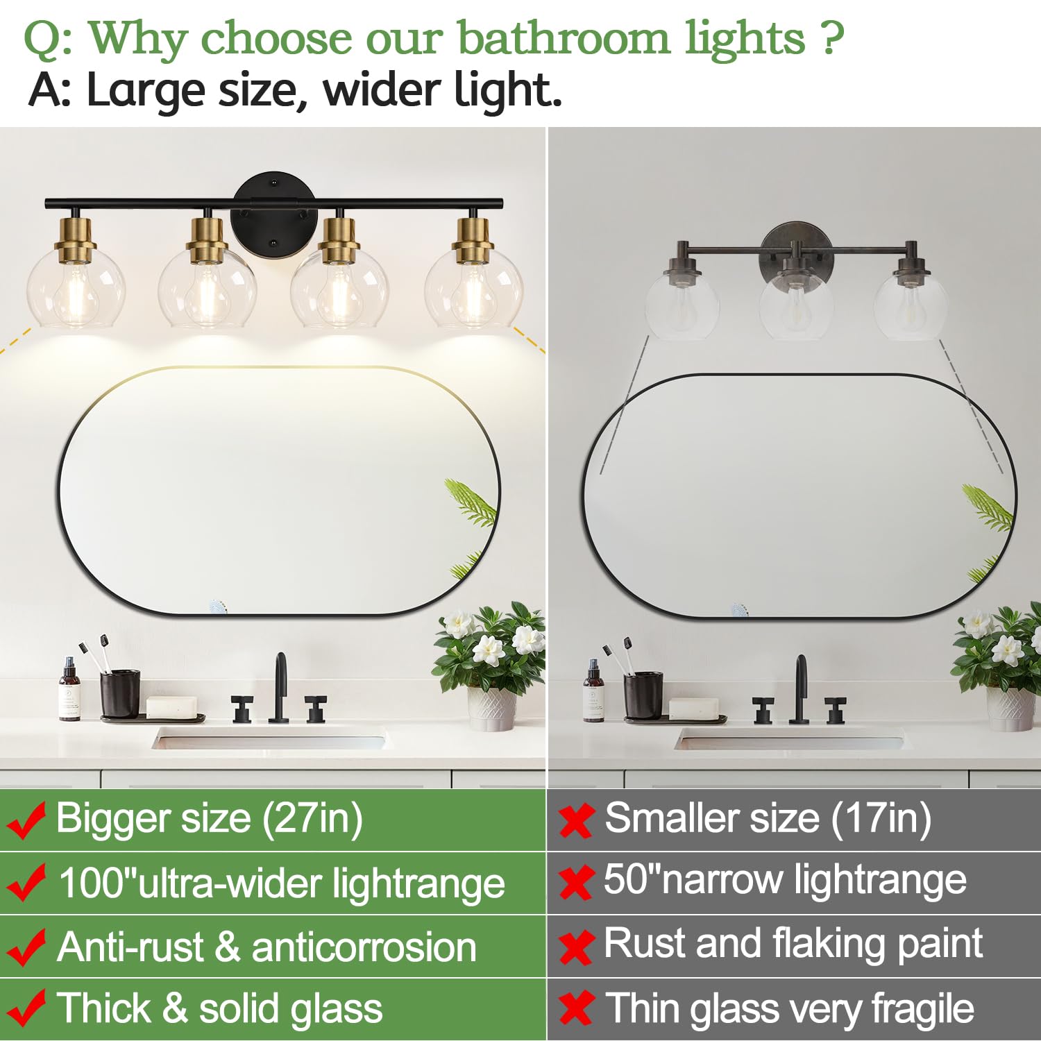 Indoi bathroom light in black and gold featuring clear globes for modern appeal.