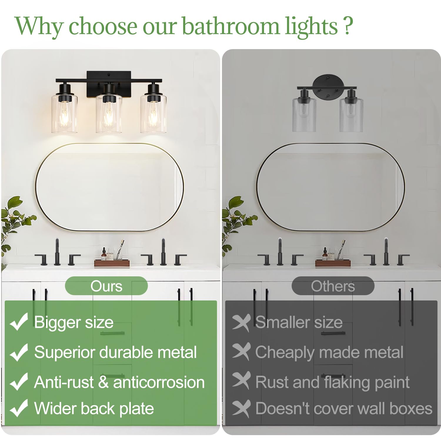 Indoi bathroom light with clear glass shades boosts brightness and style.