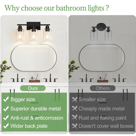 Indoi bathroom light with clear glass shades boosts brightness and style.