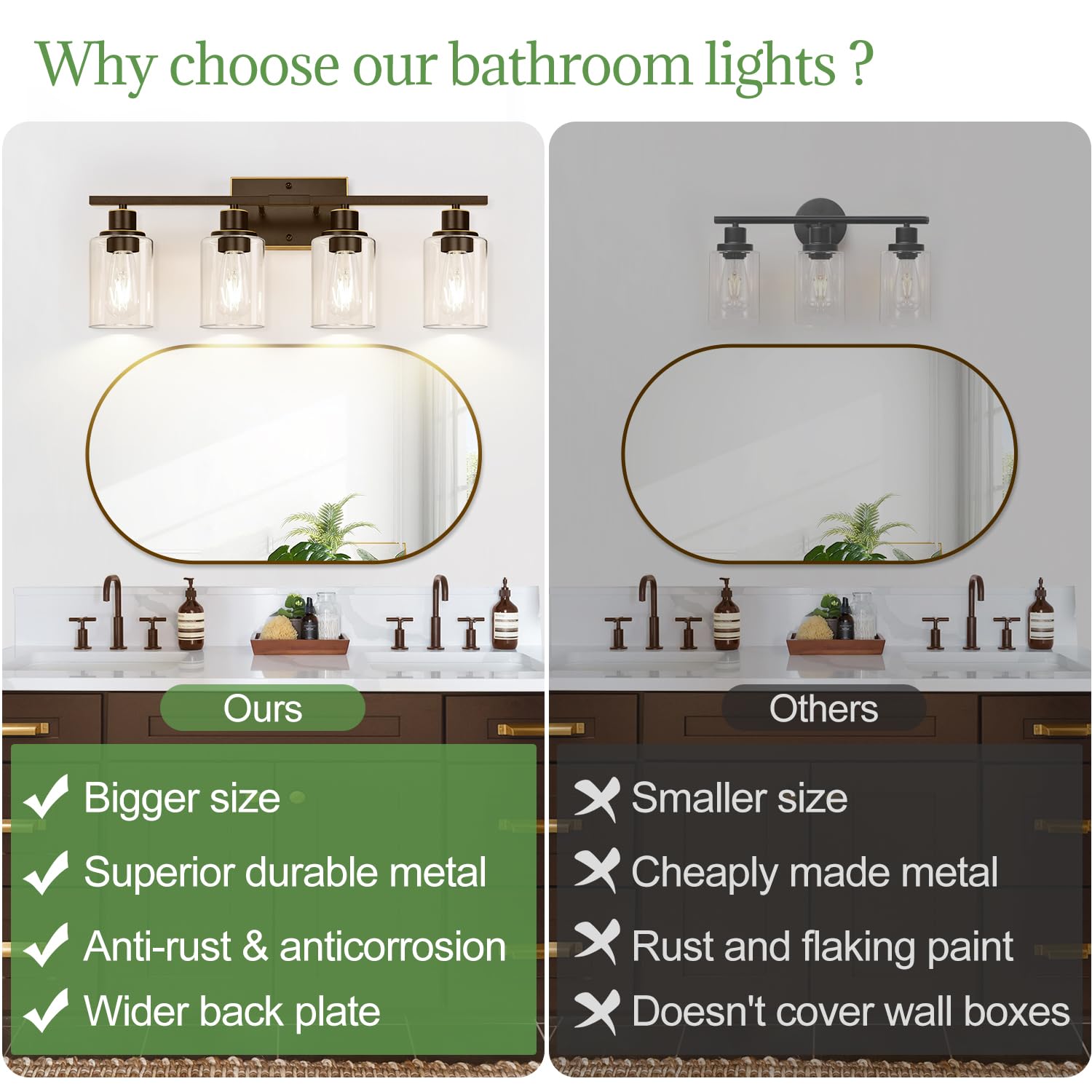 Indoi bathroom light fixture with clear glass shades for bright vanity illumination.