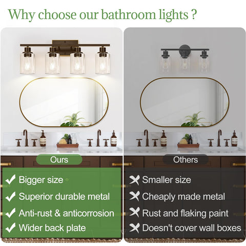 Indoi bathroom light fixture with clear glass shades for bright vanity illumination.