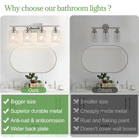 Indoi brushed-nickel vanity light with clear glass shades brightens bathroom mirrors.