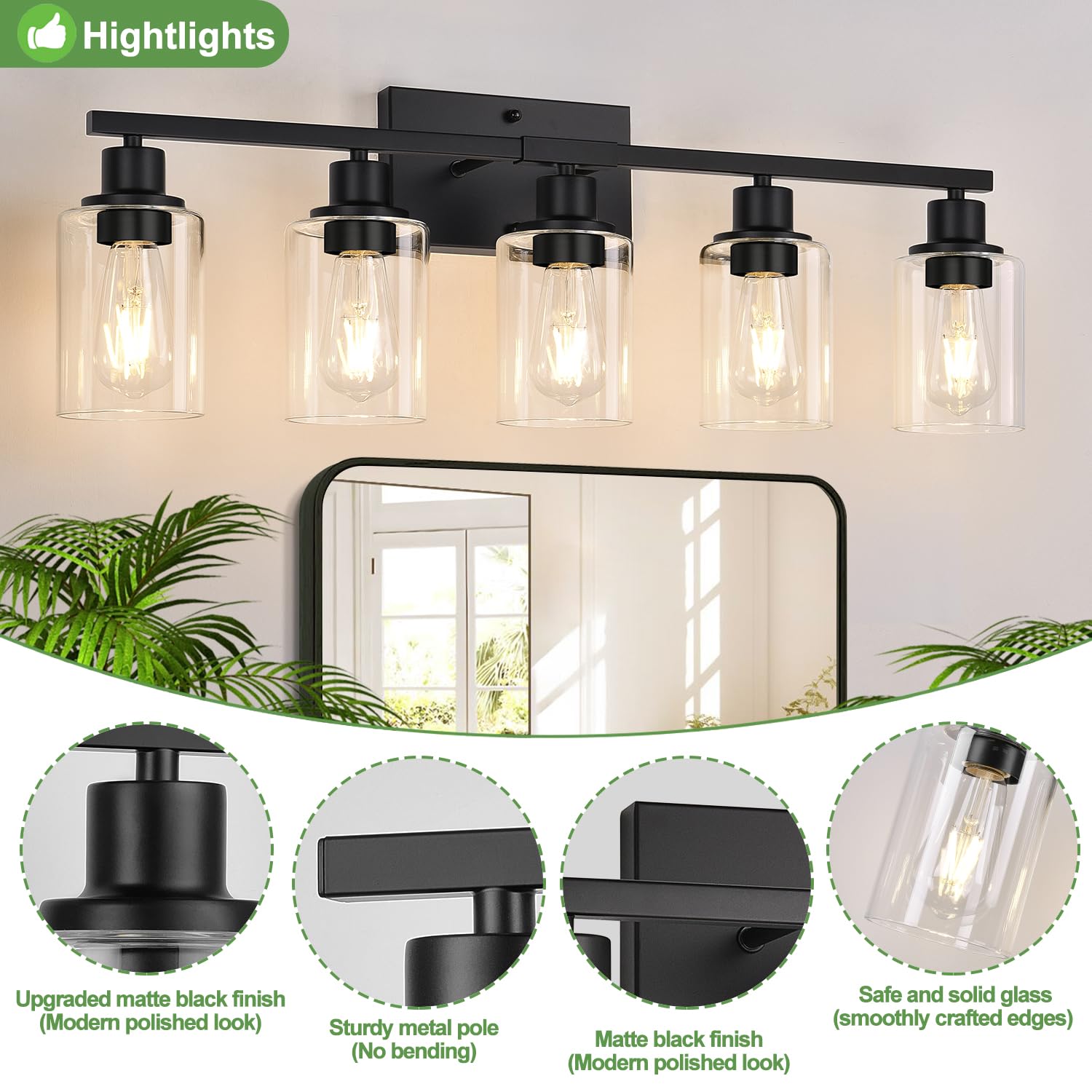 Indoi clear glass shades illuminate bathroom vanity evenly