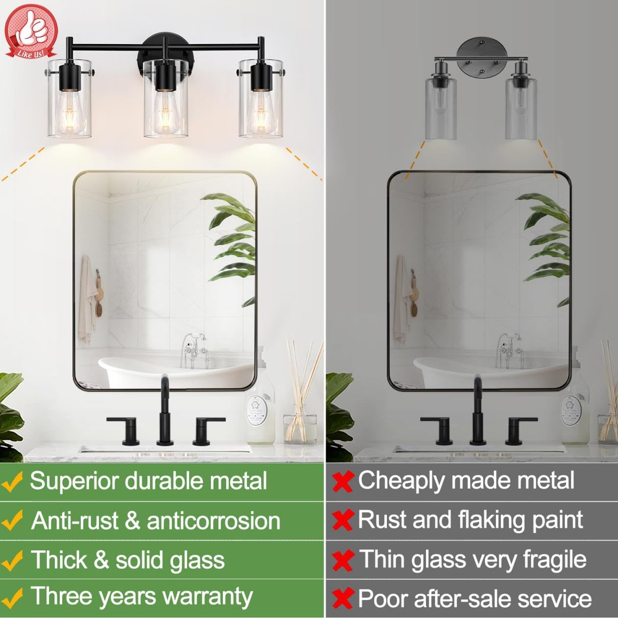 Indoi matte black vanity light with clear glass shades provides stylish bathroom lighting.
