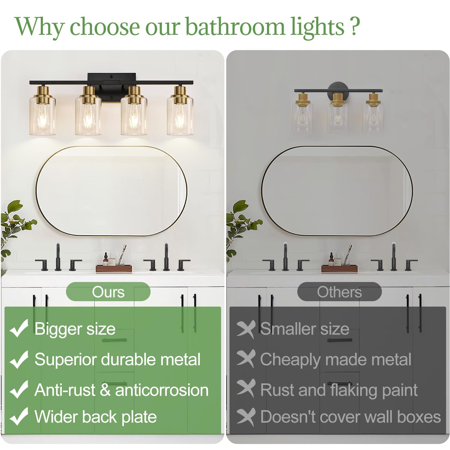 Indoi modern vanity light with clear glass shades enhances bathroom aesthetics and task lighting.
