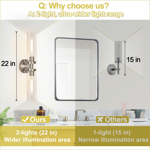 Indoi wall light with clear glass shade framing a mirror with clean glow