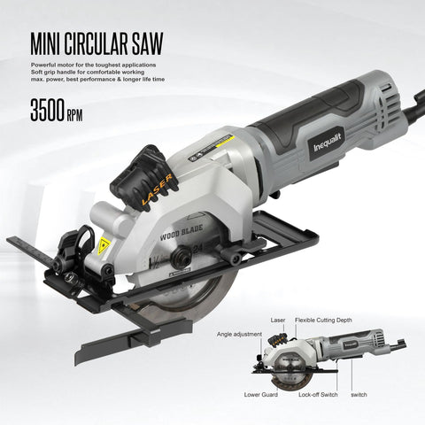 Inequalit mini circular saw with 24T blades for efficient wood and plastic cuts.