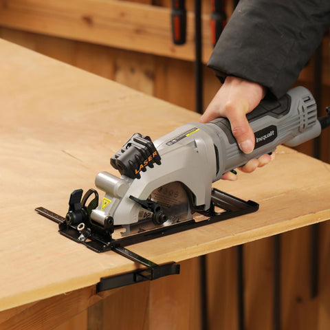 Inequalit mini circular saw showing 4 Amp motor in compact body.