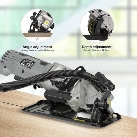 Inequalit mini circular saw bevel capability up to 45 degrees for angled cuts.
