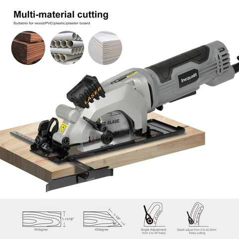 Inequalit mini circular saw with dust extraction via vacuum adaptor for cleaner work.