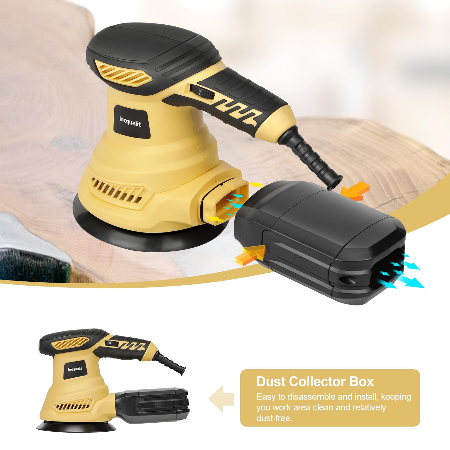 Inequalit Random Orbital Sander includes 20 sanding discs across grits.
