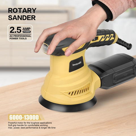Inequalit Random Orbital Sander with dust bag captures debris during sanding.